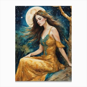 Gold Maiden Moon Goddess - Fairytale Beautiful Woman Under the Moonlight Turquoise Magical Pagan Gallery Feature Wall Pretty Face Dress Flowing Hair Dreamy Dreamscape Celestial Stars HD Canvas Print