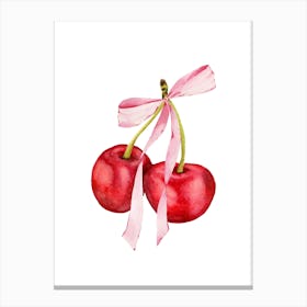 Coquette Cherries & Pink Bow - 1 - White Canvas Print
