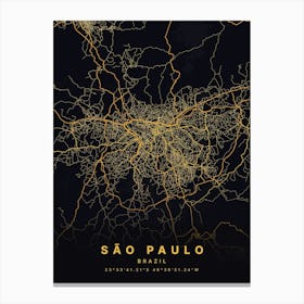 Sao Paulo Brazil Black And Gold Map Canvas Print