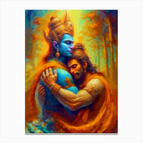 Celestial Embrace: Ram and Hanuman's Divine Reunion Canvas Print