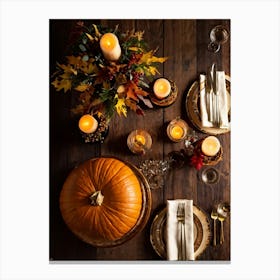 Autumnal Thanksgiving Table Setting Centering An Organic Pumpkin Surrounded By A Bounty Of Golden (4) Canvas Print