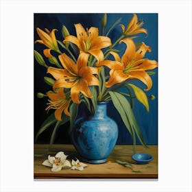 Orange Lilies In A Blue Vase Canvas Print