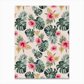 Monstera and Hibiscus Pattern Canvas Print