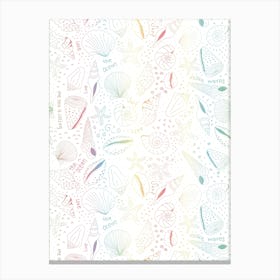 Scattered Seashells and Surfer Lingo Rainbow Gradient and White Line Art Canvas Print