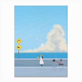 Minimal art illustration Beautiful view of seaside street with girls and bicycles Canvas Print