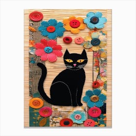 Black Cat With Button Flowers Canvas Print