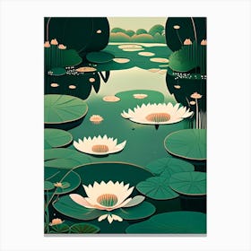 Pond With Lily Pads Water Waterscape Retro Illustration 1 Canvas Print