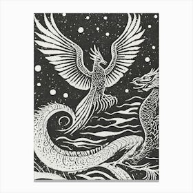 Phoenix And Dragon Linocut Canvas Print