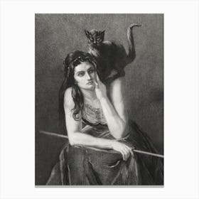 Young Woman With a Cat on Her Shoulder, Ancient Engraving for Print Maker Auguste Danse in 1875 "Young Woman with a Cat on the Shoulder" is an etching and drypoint print created by Belgian artist Auguste Danse in 1875. It depicts a young woman with a cat perched on her shoulder. Auguste Danse (1829–1929) was a Belgian engraver and printmaker known for his detailed etchings and drypoint works. The etching technique involves using acid to create lines on a metal plate, while drypoint is a printmaking process where an image is incised into a plate with a hard-pointed needle. The original artwork is held in a private collection but many of his works can be seen in "The Belgian Art Gallery" Belgium. Canvas Print