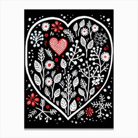 Heart Linocut Doodle Red & Black Canvas Print