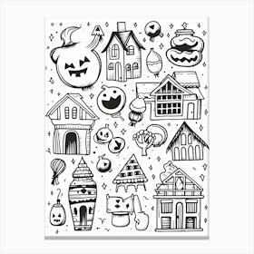 Halloween Black And White Line Art Canvas Print