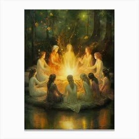 Womens Circle - Witchy Goddess Gathering Around a Fire in the Forest, When Women Meet Wands, Potions, Magic Sharing Healing Canvas Print