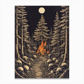 The Forbidden Forest - Vintage Style Line Art of A Skull Lined Path, Enemies and Slayed Foes Leading to a Forest Fire Waiting Just For You - Pagan Creepy Gothic Witchy Horror Artwork on a Full Moon Eerily Spooky Woods Canvas Print