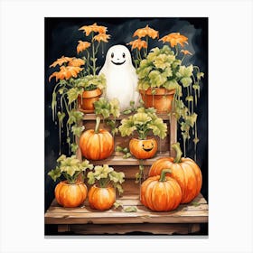 Cute Bedsheet Ghost, Botanical Halloween Watercolour 115 Canvas Print