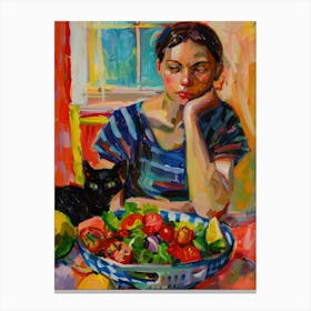 Portrait Of A Girl With Cats Eating Salad 2 Canvas Print