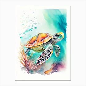 A Single Sea Turtle In Coral Reef, Sea Turtle Watercolour 2 Canvas Print