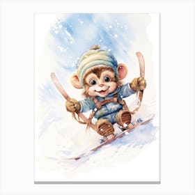Monkey Painting Snow Boarding Watercolour 4 Canvas Print