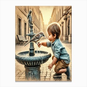 Little Boy Drinking From A Fountain Canvas Print