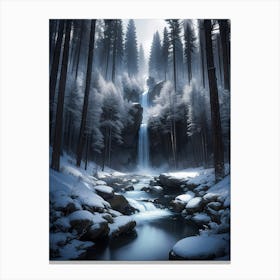 Winter waterfall with snowy river #2- Oil Painting Canvas Print