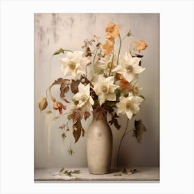 Columbine, Autumn Fall Flowers Sitting In A White Vase, Farmhouse Style 3 Canvas Print