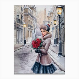 Paris Girl With Roses Canvas Print