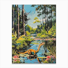 Dinosaur In A Woodland Lake Painting Canvas Print