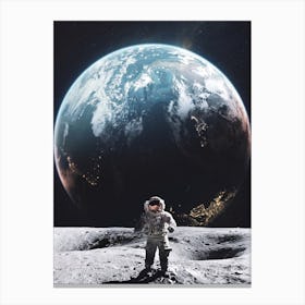 Astronaut Walking On The Moon Earth View Canvas Print