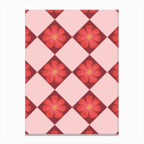 Retro Hand Drawn Flower Red and Pink Diamond Grid Canvas Print