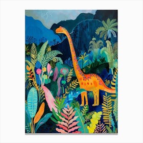 Colourful Dinosaur In The Jungle Leaves Painting 1 Canvas Print