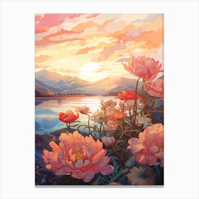 Peony With Sunset In Watercolors (3) Canvas Print