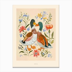 Folksy Floral Animal Drawing Duck 4 Poster Canvas Print