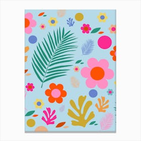 Flowers And Leaves | 03 - Pink And Blue Floral Canvas Print