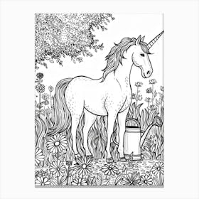 Unicorn In The Garden With A Watering Can Black & White Doodle 2 Canvas Print
