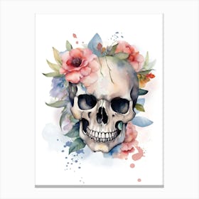 Skull With Flowers Watercolour Canvas Print