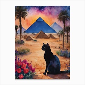 Black Cat in Egypt - A Black Cat Travels Series Visiting Three Pyramids of Giza - Egyptian Great Pyramid Cairo Iconic Ancient Cityscape Traditional Watercolor Art Print Kitty Travels Home and Room Wall Art Cool Decor Klimt and Matisse Inspired Modern Awesome Cool Unique Pagan Witchy Witches Familiar Gift For Cats Lady Animal Lovers World Travelling Genuine Works by British Watercolour Artist Lyra O'Brien Canvas Print