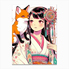 Japanese Girl With Fox Canvas Print