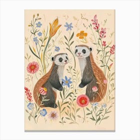 Folksy Floral Animal Drawing Ferret Canvas Print
