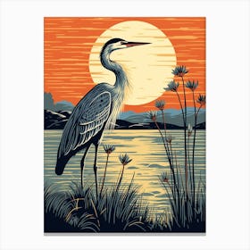 Vintage Bird Linocut Great Blue Heron 10 Canvas Print