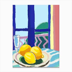 Painting Of A Lemons And Wine, Frenchch Riviera View, Checkered Cloth, Matisse Style 2 Canvas Print