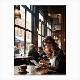 Modern Woman Engrossed In Her Tablet While Seated At A Rustic Wooden Table Inside A Bustling Urban C (4) Canvas Print