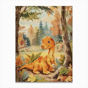 Dinosaur In The Autumn Leaves Storybook Style 1 Canvas Print