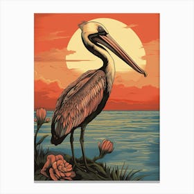 Vintage Bird Linocut Brown Pelican 3 Canvas Print