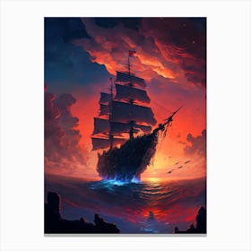 Pirate Ship At Red Sky Sunset Canvas Print