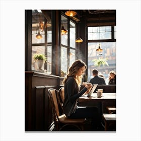 Modern Woman Engrossed In Her Tablet While Seated At A Rustic Wooden Table Inside A Bustling Urban C (2) Canvas Print