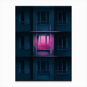 Minimalist Neon Art: A dark urban apartment building with one glowing pink window. Perfect for moody, modern aesthetics. Canvas Print