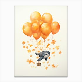 Whale Flying With Autumn Fall Pumpkins And Balloons Watercolour Nursery 3 Canvas Print