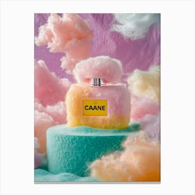 Premium Commercial Photography Of A Pink And Yellow Gradient Fluffy Perfume Bottle With Chanel Logo Printed On It,Floating On Top Of Blue Green Gradient Fluffy Product Podium, Rule Ofthirds Composition,Low Angle Shot,Studio Lighting, Canvas Print