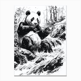 Giant Panda Fishing In A Stream Ink Illustration 1 Canvas Print
