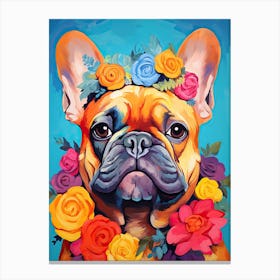 French Bulldog Portrait With A Flower Crown, Matisse Painting Style 1 Canvas Print