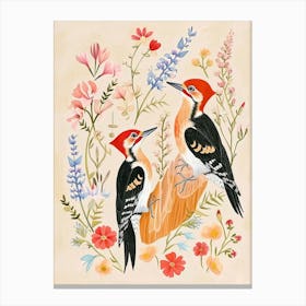 Folksy Floral Animal Drawing Woodpecker 2 Canvas Print